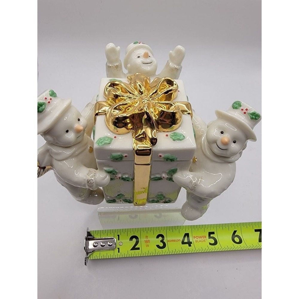 Mikasa Snowman Trio Figure Ribbon Holly Trinket Box‎  Lid Porcelain FK017 W/Box - Picture 9 of 9
